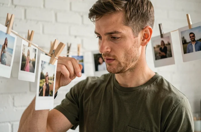 Homme accrochant une photo Polaroid avec une pince en bois sur un fil pour la faire sécher à l'air libre