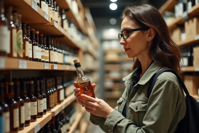 Femme lisant l'étiquette d'une bouteille d'alcool à 90 degrés en pharmacie ou épicerie spécialisée