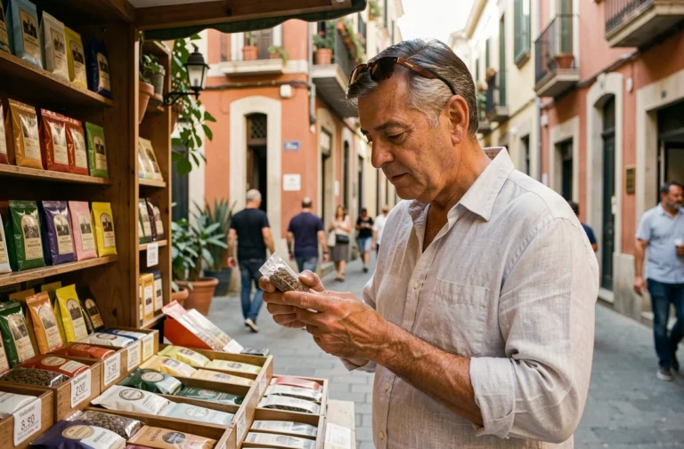 Homme achetant du tabac à rouler dans un kiosque à tabac de Barcelone en Espagne