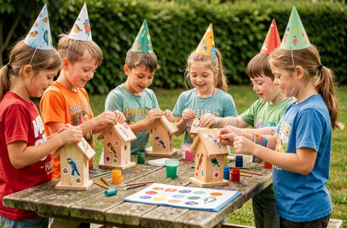 Enfants participant à une activité créative de bricolage en plein air lors d'une fête d'anniversaire dans un jardin