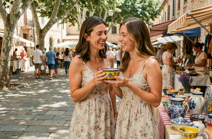 Deux femmes riant au marché provençal d'Aix-en-Provence devant des céramiques colorées