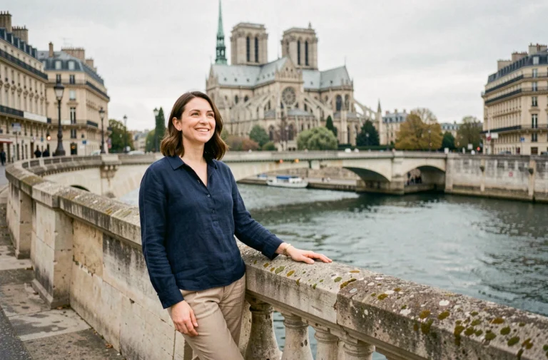 Femme souriante sur le Pont de la Tournelle à Paris avec vue sur Notre-Dame