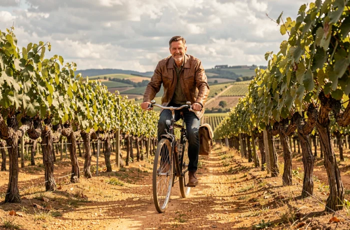 Cycliste traversant un vignoble de la région bordelaise à vélo