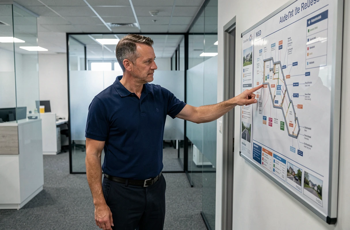 Agent immobilier analysant un plan de site affiché sur un tableau dans une agence immobilière moderne