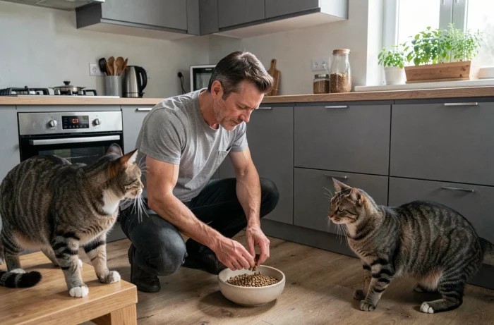 Homme préparant la gamelle de ses deux chats dans une cuisine moderne, alimentation quotidienne des animaux de compagnie