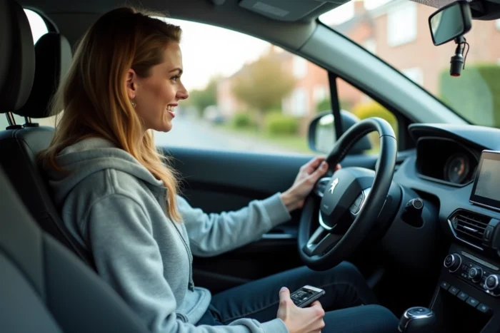 Femme utilisant Android Auto dans une Peugeot après installation d'un autoradio avec câblage correctement connecté