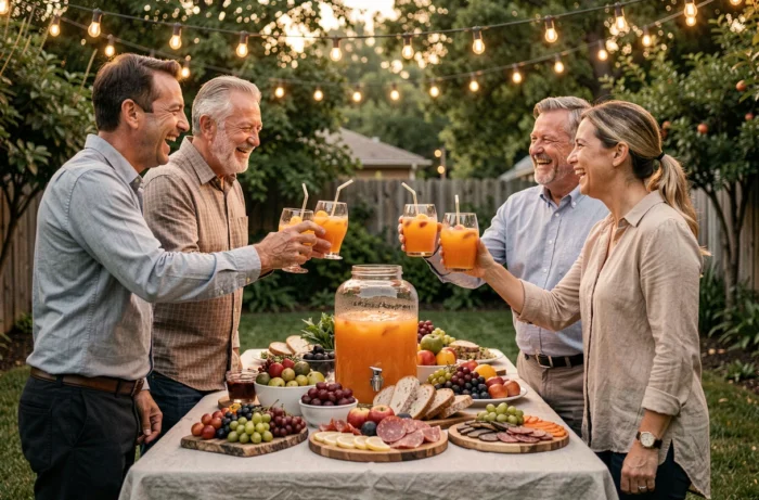 Groupe d'amis portant un toast autour d'un distributeur de cocktail Jacqueline de 10 litres lors d'un apéritif festif en plein air