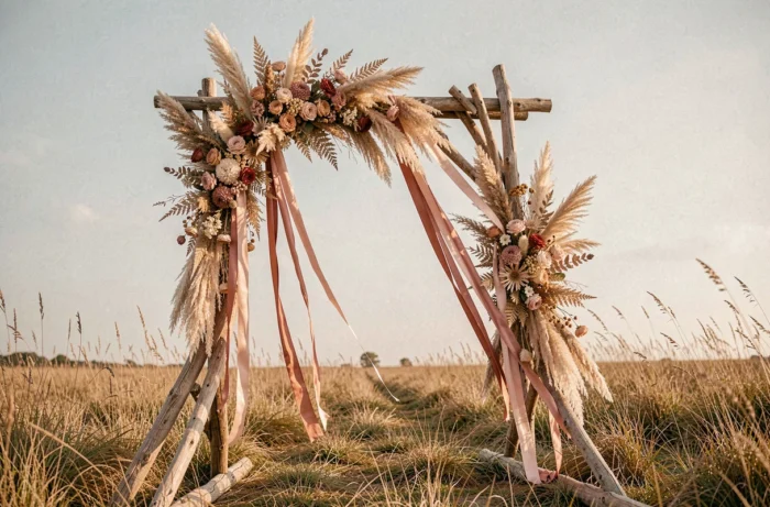 Arche de cérémonie de mariage bohème en bois flotté avec herbes de pampa et fleurs séchées dans une prairie dorée