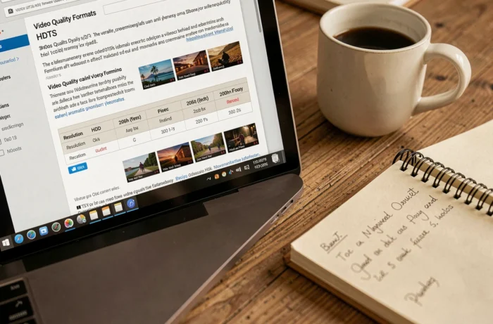 Écran d'ordinateur affichant un article sur la définition et l'utilisation du format vidéo HDTS avec des notes manuscrites