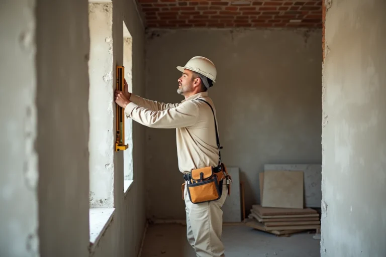 Artisan professionnel mesurant un mur lors de travaux de rénovation de cuisine