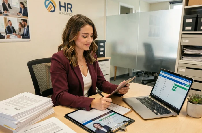 Assistante ressources humaines à son bureau consultant des CV et un logiciel RH sur son ordinateur portable