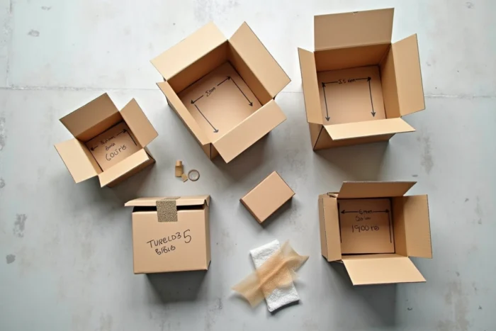 Assortiment de cartons de différentes tailles étiquetés avec leurs dimensions pour l'envoi de colis par la Poste