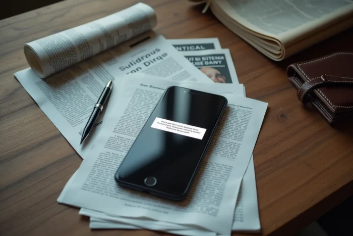 Avertissement légal affiché sur un smartphone posé sur des documents juridiques, symbolisant les risques pour les utilisateurs de plateformes de streaming illégales comme Eternal Lunesta