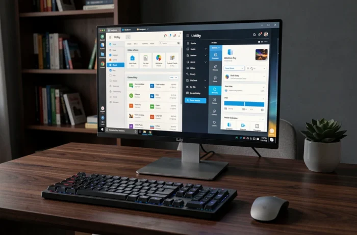 Bureau informatique avec écran affichant une comparaison côte à côte de deux logiciels utilitaires PC comme Avast et CCleaner