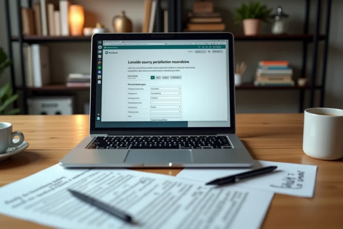 Bureau avec un formulaire de signalement en ligne ouvert sur un ordinateur portable pour déclarer une voiture ventouse