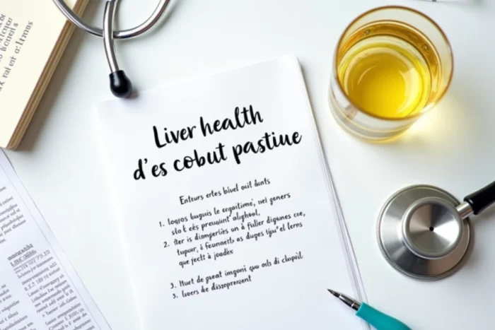 Vue aérienne d'un bureau médical avec carnet de santé, verre de pastis et articles scientifiques sur les effets du Ricard sur le foie et le cerveau