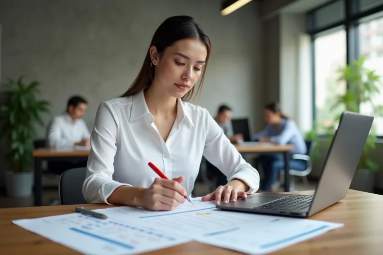 Femme au bureau annotant un calendrier annuel imprimé pour calculer les jours travaillés dans l'année