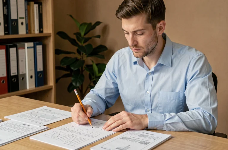 Candidat préparant un test de logique pour le recrutement Semitan, assis à un bureau avec un livret d'exercices