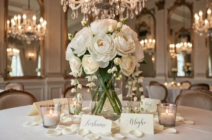 Gros plan d'un centre de table de mariage luxueux avec pivoines blanches et roses dans un vase en verre dans une salle de bal parisienne