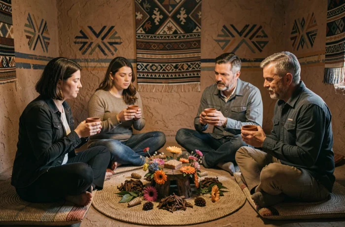 Groupe de participants réunis en cercle lors d'une cérémonie d'ayahuasca dans un espace rituel authentique