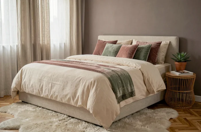 Chambre à coucher cocooning avec literie en velours et coton, décoration hygge et atmosphère apaisante