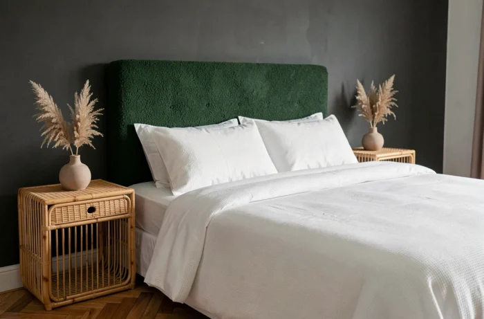Chambre moderne avec tête de lit en bouclé vert forêt, tables de nuit en rotin et mur anthracite en fond