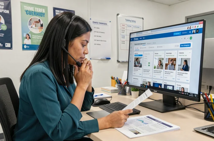 Chargée de formation en ligne dans un bureau corporate consultant une plateforme e-learning sur son écran