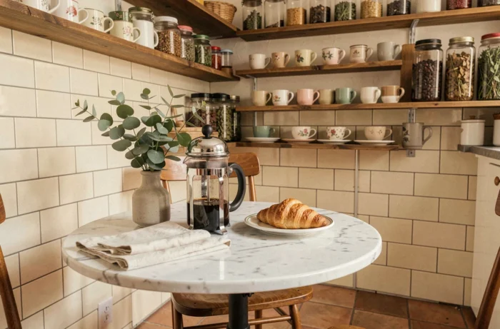 Coin café cosy en cuisine de style parisien avec table en marbre, French press et croissant pour une atmosphère maison chaleureuse