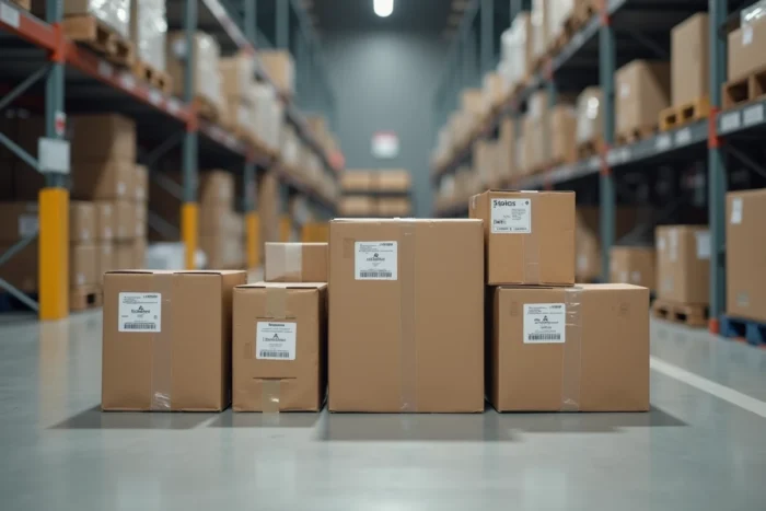 Rangée de colis Colissimo de différentes dimensions avec étiquettes dans un entrepôt logistique