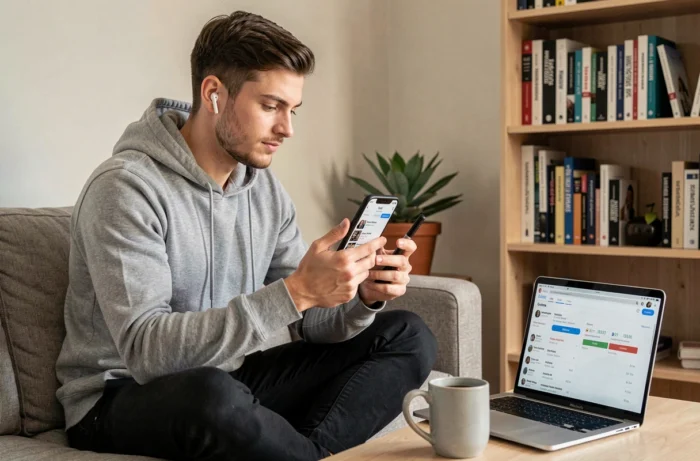 Jeune community manager gérant la stratégie de contenu d'une marque sur smartphone depuis son domicile