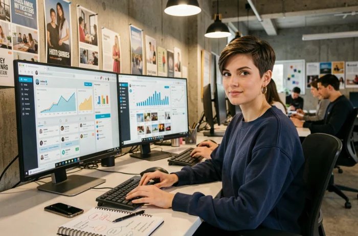 Community manager en entreprise à son bureau créatif devant un tableau de bord de réseaux sociaux et un calendrier de contenu