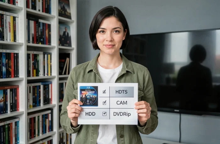 Femme tenant une comparaison de formats vidéo HDTS, Blu-ray et DVDRip dans une salle de cinéma maison