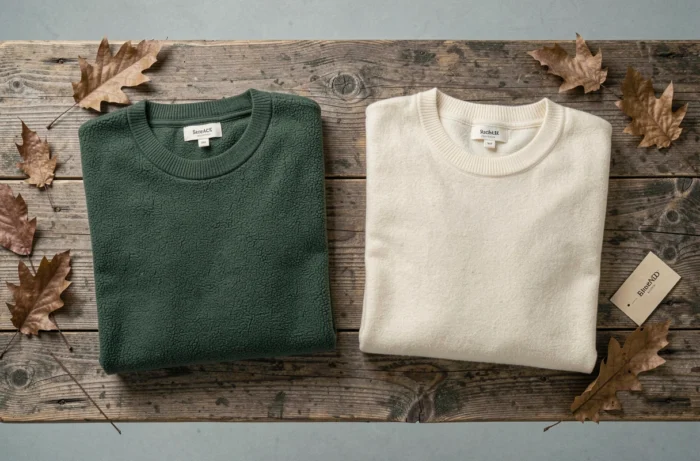 Comparaison côte à côte d'un pull polaire vert et d'un pull cachemire ivoire pliés sur une surface en bois, pour illustrer le choix entre polaire et cachemire en hiver