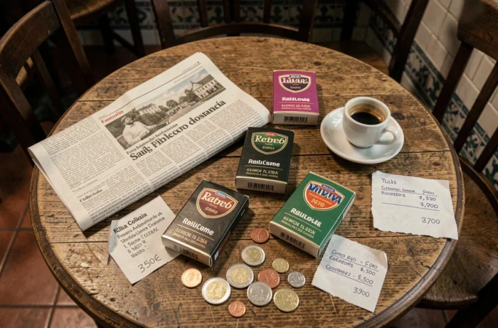 Comparaison de prix de tabac à rouler sur une table de café à Madrid avec des pièces d'euro