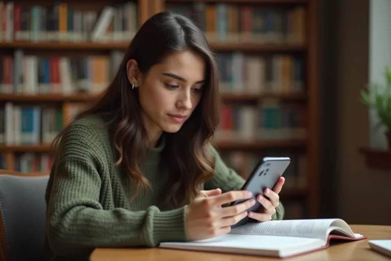 Étudiante configurant la messagerie académique de Toulouse sur un smartphone Android dans une bibliothèque universitaire