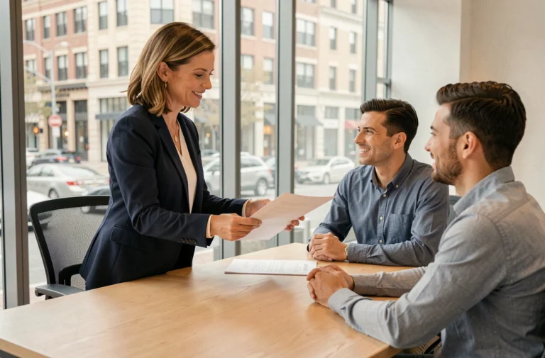 Conseillère immobilière présentant des documents à un couple dans une agence moderne aux grandes baies vitrées