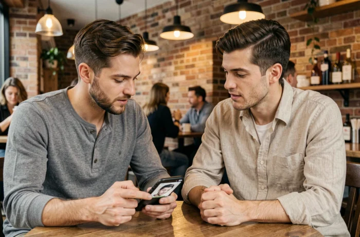 Deux hommes discutant des erreurs à éviter pour une coupe couronne en regardant des références sur un smartphone dans un café