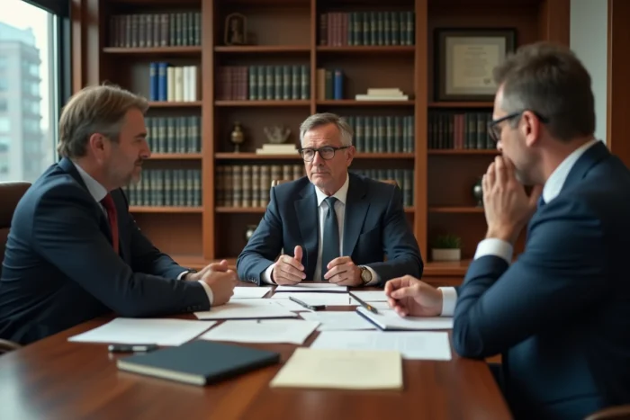 Avocat et client examinant des documents juridiques lors d'une consultation légale liée à l'utilisation d'une plateforme de streaming non autorisée