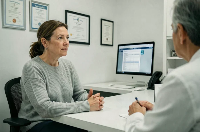 Patiente en consultation avec un spécialiste pour une prise en charge en hydrotomie percutanée