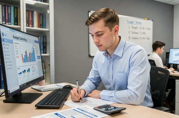 Contrôleur de gestion junior analysant des tableaux de bord financiers et des rapports budgétaires dans un bureau de finance
