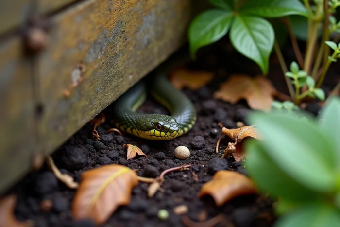 Couleuvre à collier près d'un composteur de jardin avec crotte visible sur feuille, rôle écologique des serpents au jardin