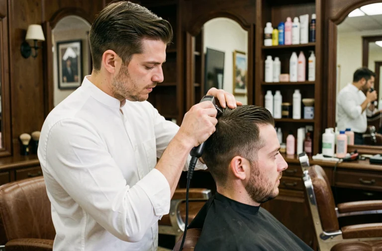 Coiffeur professionnel réalisant une coupe couronne sur un client dans un salon de coiffure traditionnel