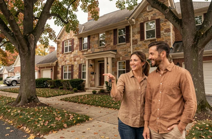 Couple souriant devant leur nouvelle maison en pierre avec des clés à la main dans une rue résidentielle en automne