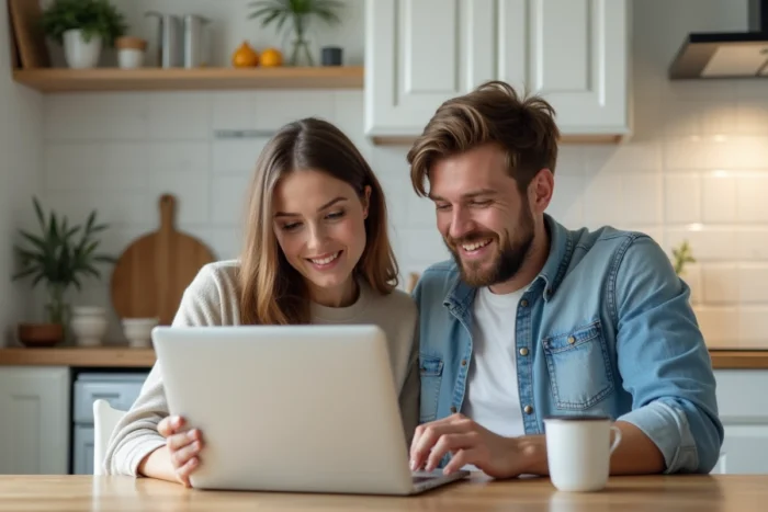 Couple comparant les taux d'intérêt des banques en ligne sur un ordinateur portable dans une cuisine moderne