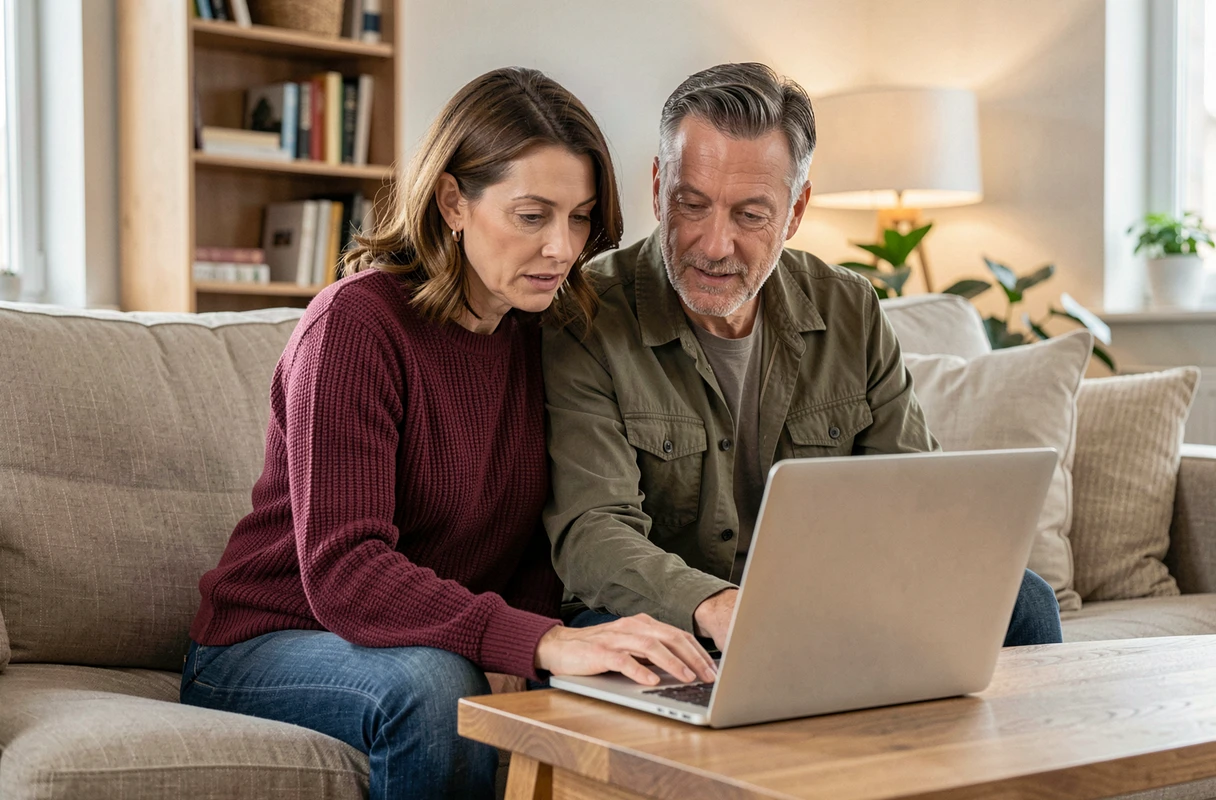 Couple cherchant une propriété en naviguant sur un plan de site immobilier depuis leur salon