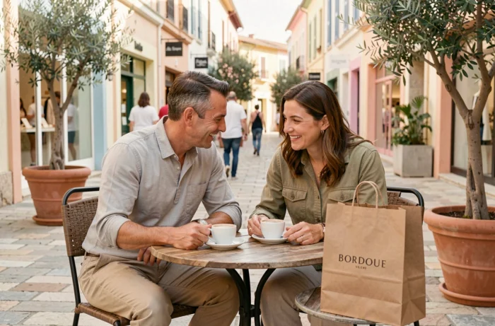 Couple profitant d'une pause café dans un village outlet à Bordeaux après leurs achats dans les magasins d'usine