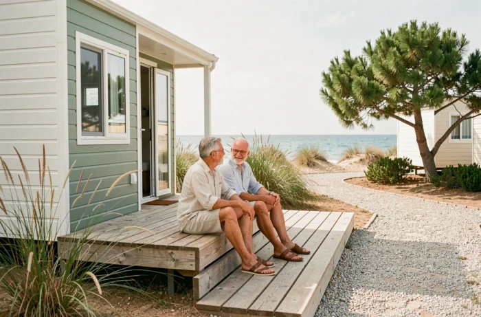 Couple propriétaire d'une parcelle avec mobil-home en bord de mer assis sur leur terrasse en bois face à la Méditerranée