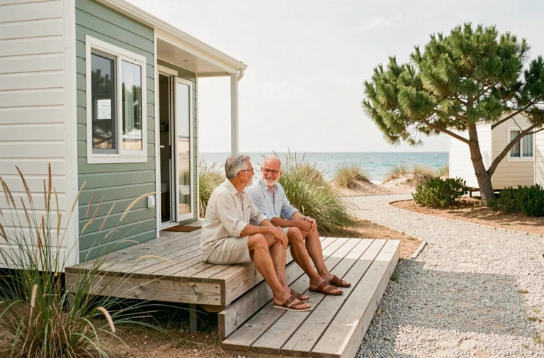 Couple propriétaire d'une parcelle avec mobil-home en bord de mer assis sur leur terrasse en bois face à la Méditerranée