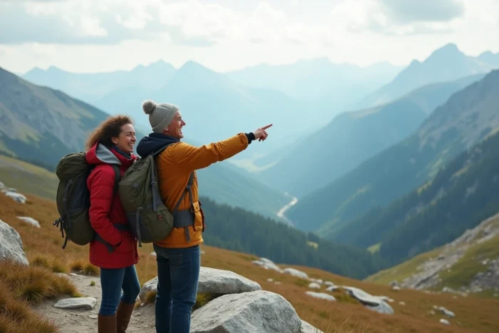 Couple de randonneurs admirant un panorama de montagnes lors d'un voyage autour du monde