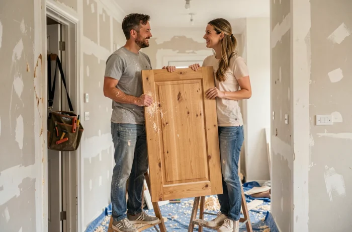 Couple posant une porte en bois peinte dans un couloir en pleine rénovation